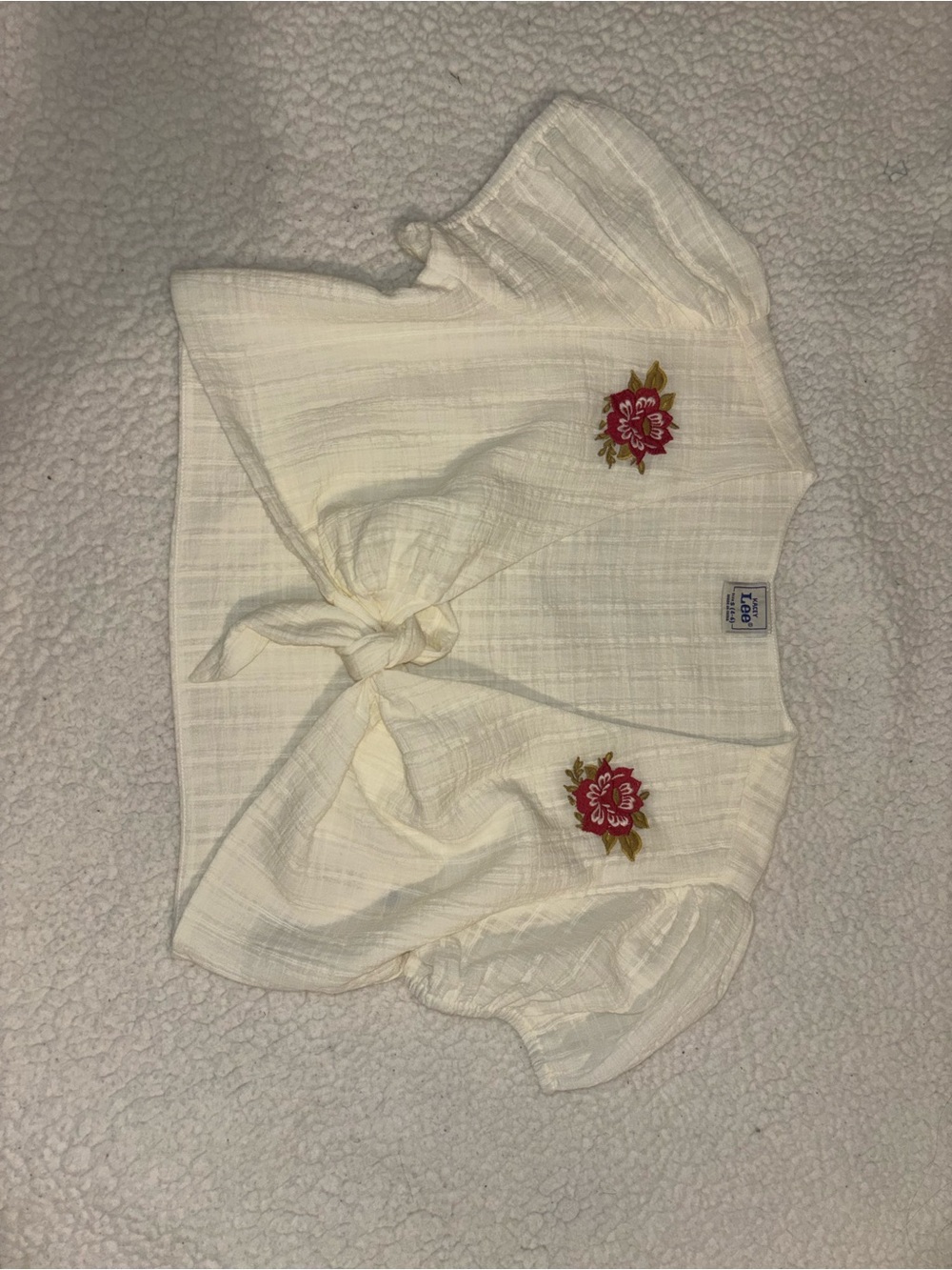 Lee Cream Tie-Front Top with Red Floral Embroidery